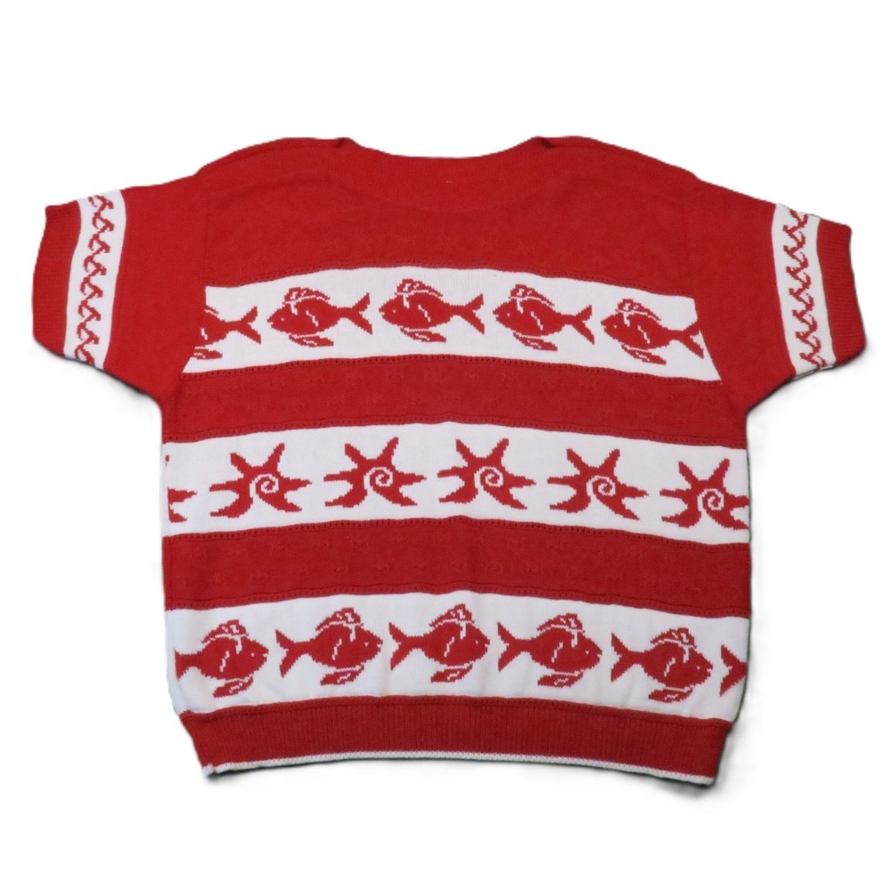 Knitmakers Nautical Fish Starfish Sweater 2X Red White Short Sleeve VTG Coastal